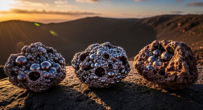 Three vesicular lava rock samples with gas bubbles displayed on a rocky surface with mountains and sunset in the background.