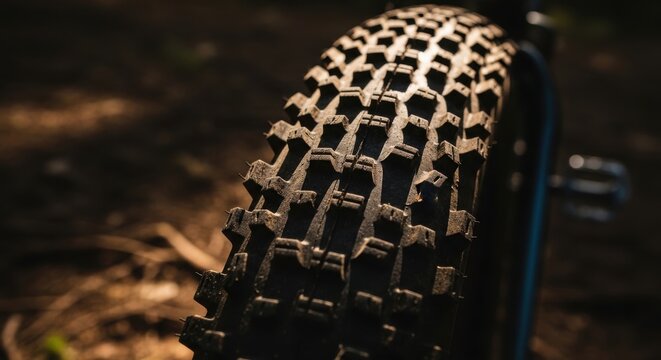 Close-up detail of a chunky, knobby mountain bike tire tread pattern for superior off-road traction