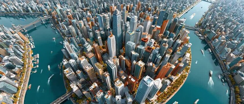 Aerial Cityscape: An expansive aerial view showcases a vibrant cityscape with towering skyscrapers, intertwined waterways, and intricate bridge structures. A true representation of urban development.