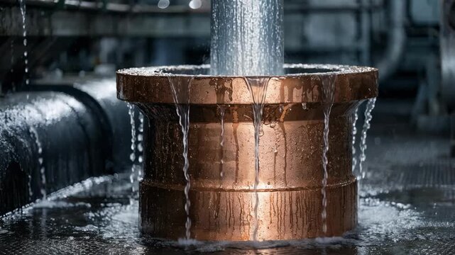 Closeup medium shot of a copper continuous casting mold showcasing the cooling water flow and the solidifying metal shell forming inside.