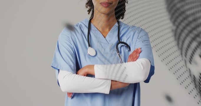Zoom starting nurse fixing watch, folding arms, showing calm, dotted overlay masking or revealing