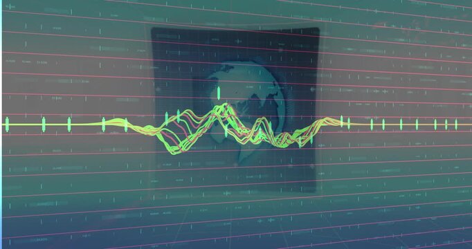 On play waveform animating over baseline grid, forming peaks above curved panel illustrating tech