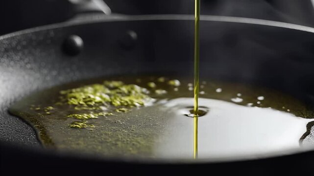 Olive oil being poured into a hot frying pan with herbs.