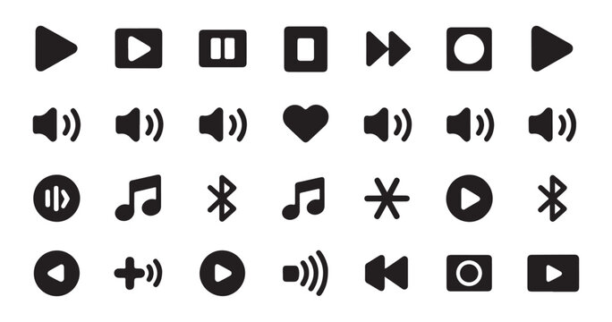 Variety of music and media player icons including play pause volume and navigation buttons on white.