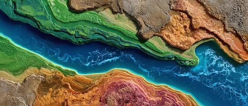 Abstract River Landscape: A mesmerizing aerial view of a vibrant river carving through colorful, layered terrain.