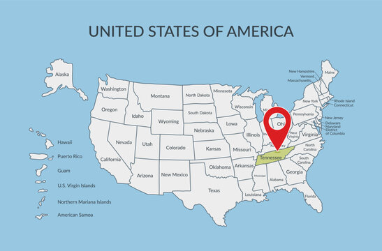 Tennessee state location on the map of the United States of America with pin location marker. Vector flat template.