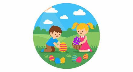 Obraz premium Two children hunt for colorful Easter eggs in a sunny, grassy field