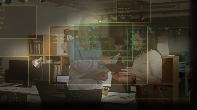 Vignette appearing, duo reviewing paper and tablet as overlay tracking QUANTUM_CORE latency
