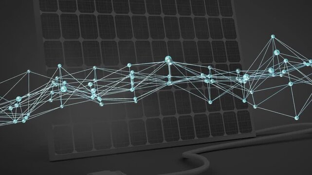 Cyan node network starting waves over dark PV panel, coil below, pulsing meshes showing energy flow