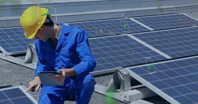 Male tech kneeling on rooftop solar, using tablet, tapping, logging data with AR icons over panels