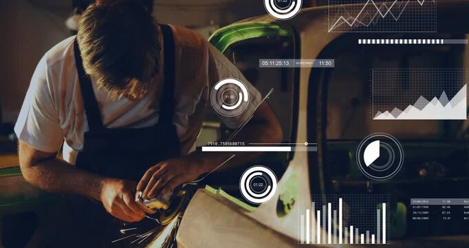 Mechanic pressing grinder onto auto fender, sparking, smoothing for restoring, HUD charts expanding