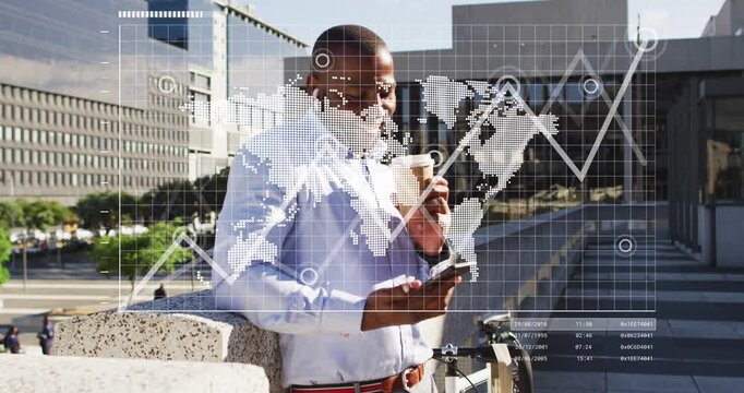 Mature man tapping phone sipping coffee, activating HUD with rising graph reviewing business data