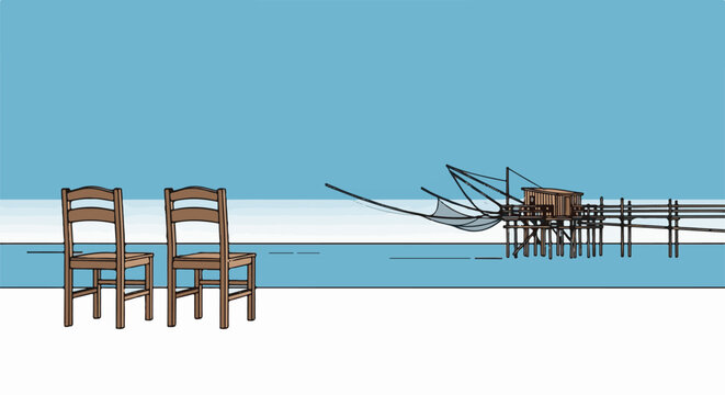 Two chairs face a stilted fishing hut with nets against a blue sky