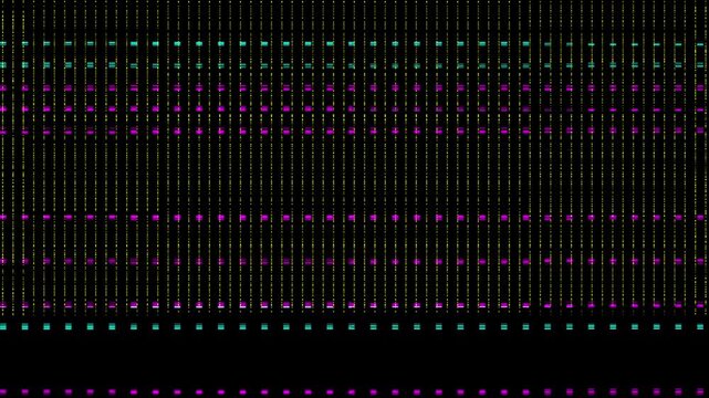 Abstract digital glitch video overlay texture with neon green and purple vertical dotted lines on a black background.
