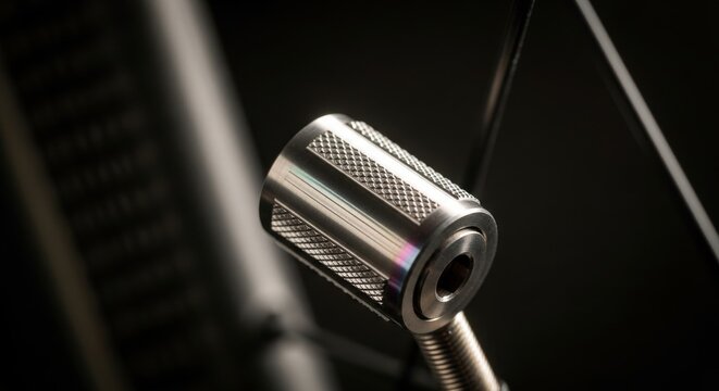 Close up of a machined metal valve stem cap with intricate knurled detailing and threaded base