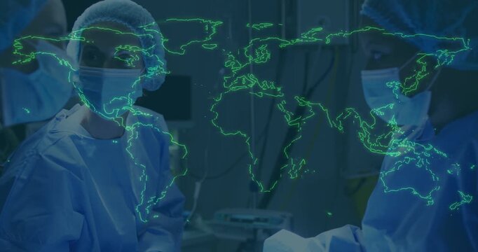 Surgical team starting procedure treating patient, neon map tracing globe while surgeons glancing