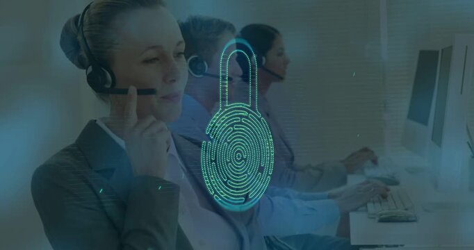 Call center reps speaking, typing as system starting bio scan, print overlaying lock verifying ID