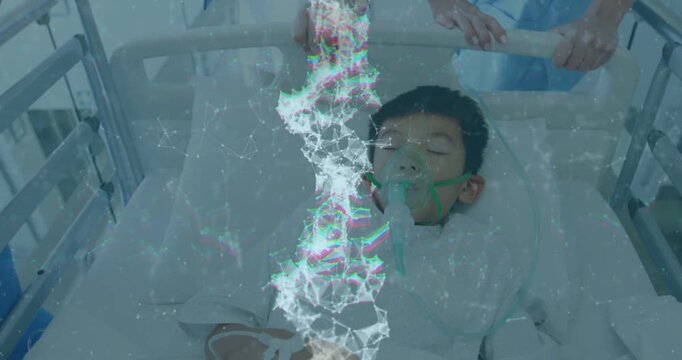Boy lying on bed with O2 mask, nurse appearing, pushing, moving to treatment with particle overlay