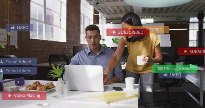 Female colleague tapping laptop keyboard generating floating marketing badges man assessing metrics