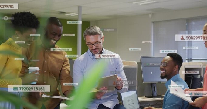 Hand giving pages starting man with tablet and office team reviewing docs, data labels overlaying