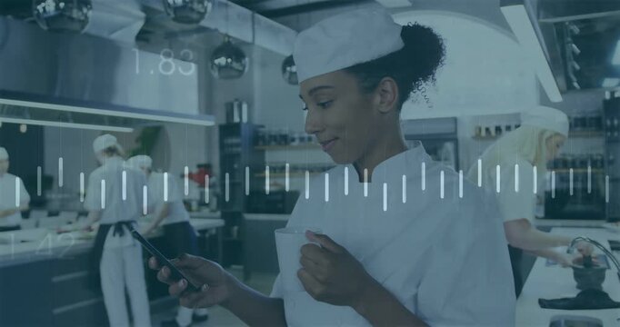 Woman chef tapping phone, tasting to track sound, animated waveform rising across culinary kitchen