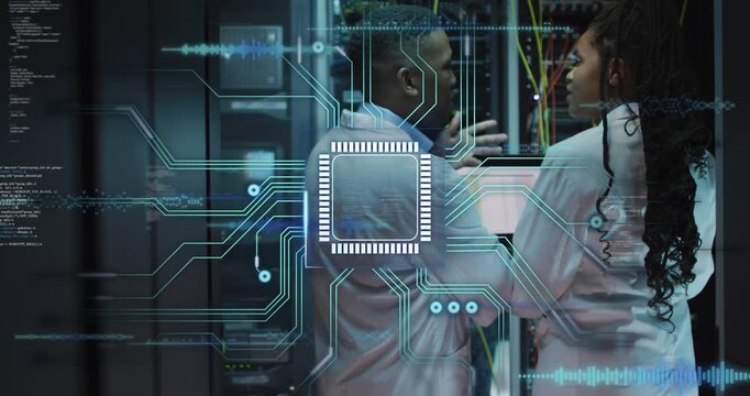 Responding to chip graphic appearing, IT techs diagnosing server cables in data center, lab coats