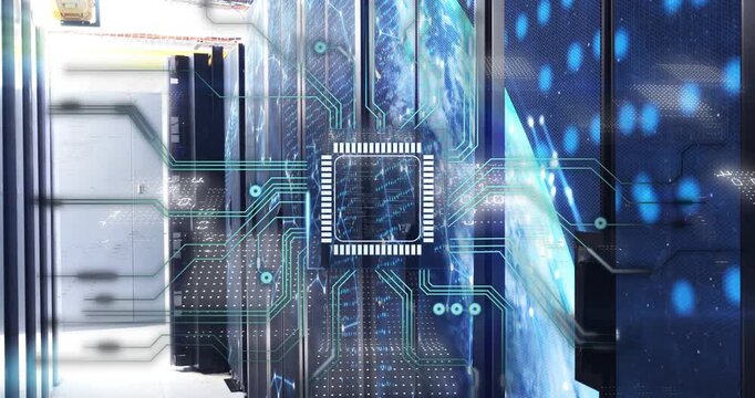 Server racks displaying microchip overlay in data center, square marker expanding to show data flow