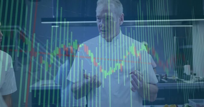 Chef holding small item and speaking, teaching staff technique while finance chart shifting frame