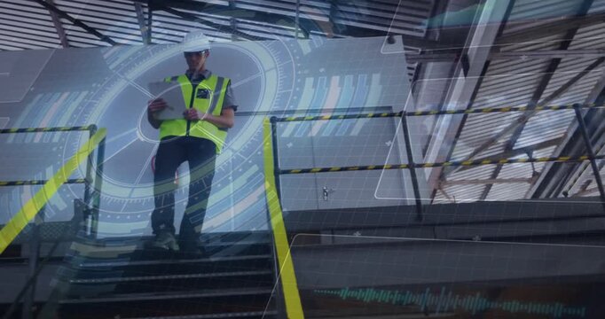 Vertical video: Site engineer starting descent, checking tablet, verifying safety, HUD showing