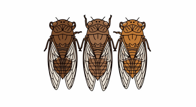 Three cicadas with brown and tan bodies and translucent wings
