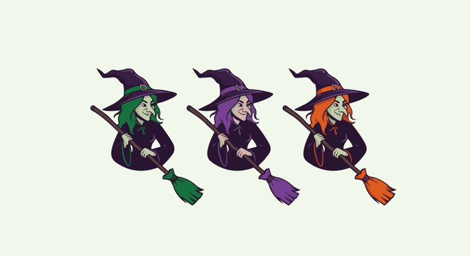 Three cartoon witches on broomsticks with colorful hair