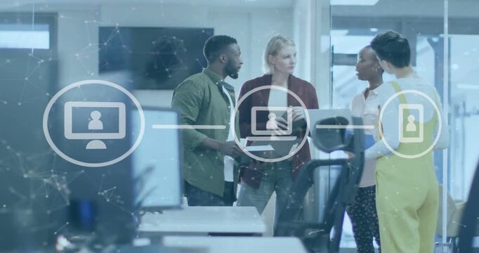 Team of four inspecting device after laptop cue, reviewing tech product, network overlaying group