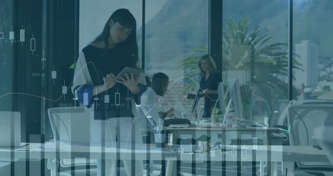 Standing woman scrolling tablet starting candlestick or line charts, team at screens analyzing finan