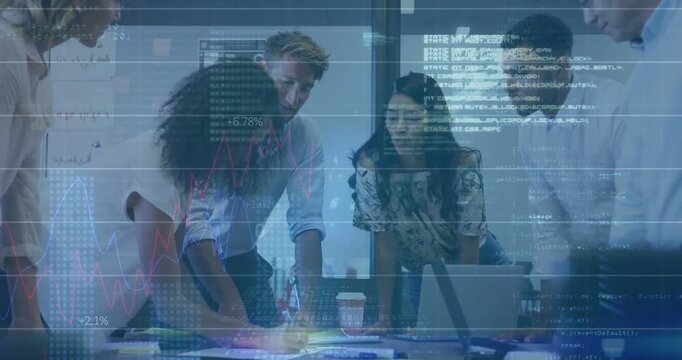 Woman starting annotating business plans team leaning using laptop overlay marking charts agreeing
