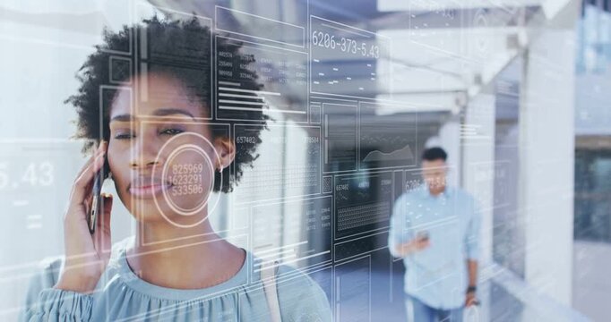 Woman walking down corridor while handling business call on phone, initiating animated HUD data