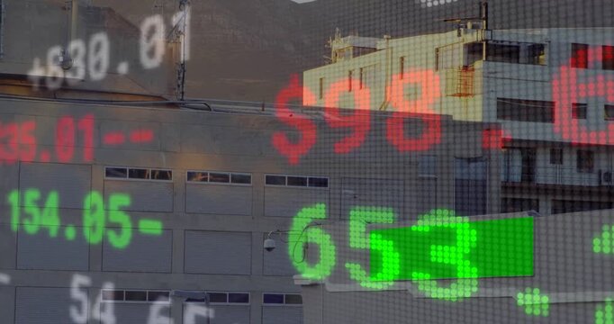 Market ticker updating over facade, driven by real-time feed showing market movement with currency