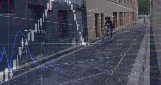 Finance overlay fading in, cyclist riding closer while charts fluctuating and showing market data