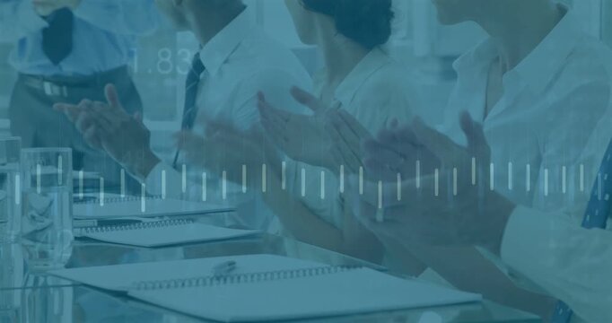 Diverse team clapping at meeting table with waveform after presenter finishing, gesturing tablet