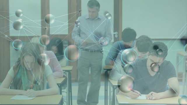 Vertical video: Exam starting proctor walking aisle checking stack class writing teal scarf overlay