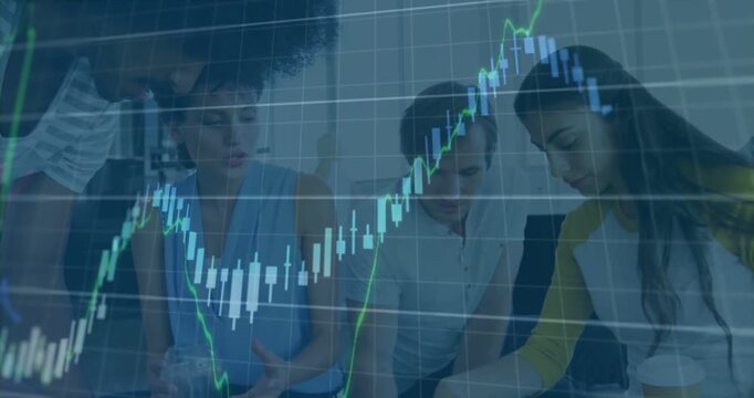 Small team reviewing reports at table while faint stock chart appearing, causing finance analysis