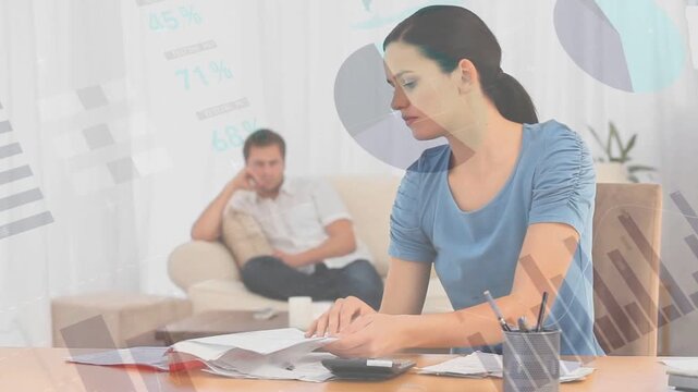 Starting with woman tapping calculator sorting papers, marking bills, charts sweeping man on sofa