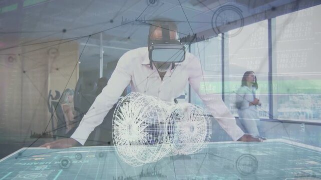 Engineer in VR HMD leaning over touch table, activating rotating wireframe HUD for tech review