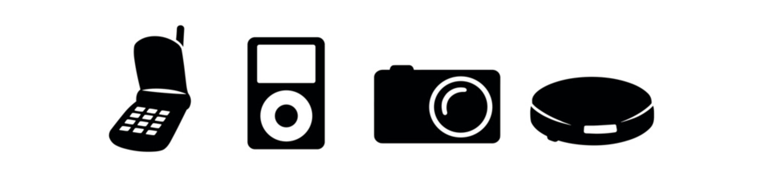 Retro tech icon set. flip phone, mp3 player, compact camera, wireless puck. flat vector illustration.