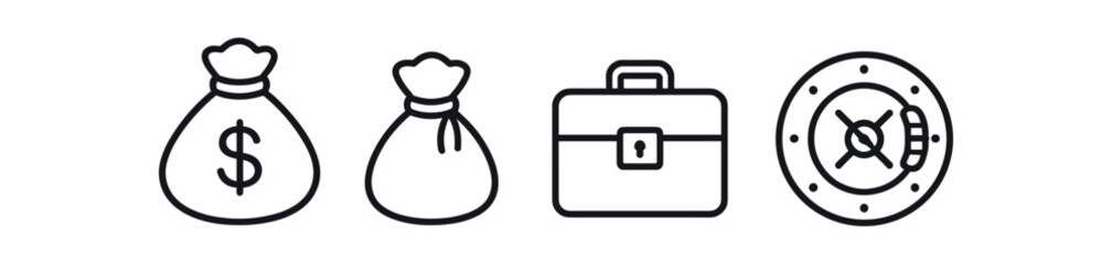 Obraz premium Money and security icon set. money bag, cash pouch, briefcase, safe, finance, banking. line and flat vector illustration.