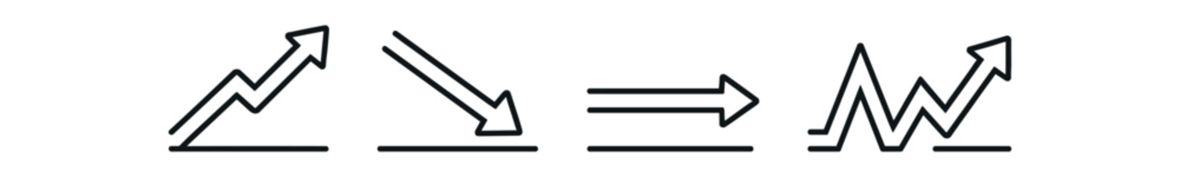 Trend arrow icon set. up arrow, down arrow, right arrow, zigzag arrow, direction, movement, change. line and flat vector illustration.