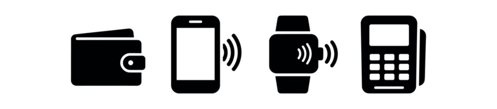 Digital payment and wallet icon set. filled wallet, mobile phone with nfc, smartwatch payment, pos terminal. flat vector illustration.