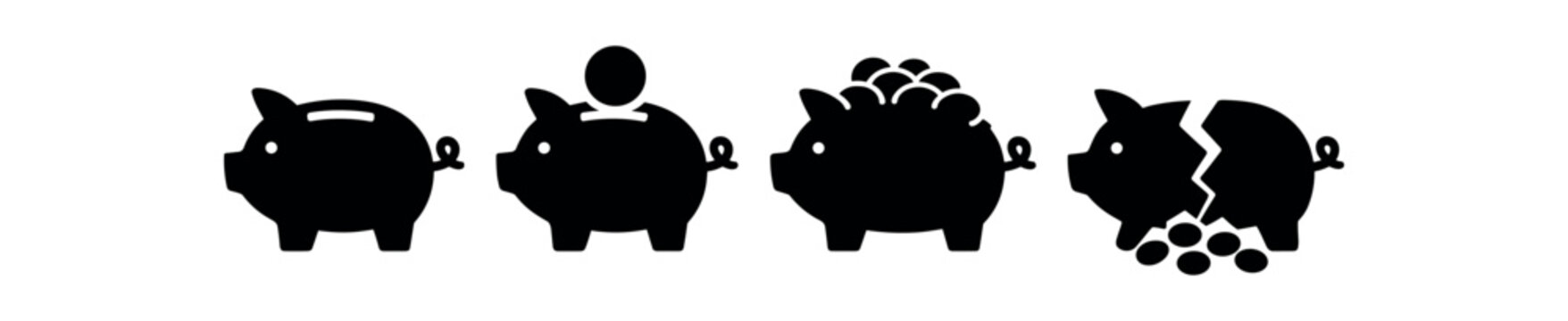 Piggy bank icon set. savings, coin deposit, full piggy, broken bank, money growth. line and flat vector illustration.