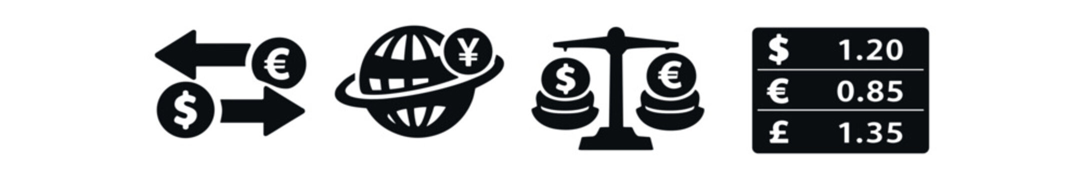 International money transfer icon set. currency conversion arrows, global exchange, weighing currencies, rate board. flat vector illustration.