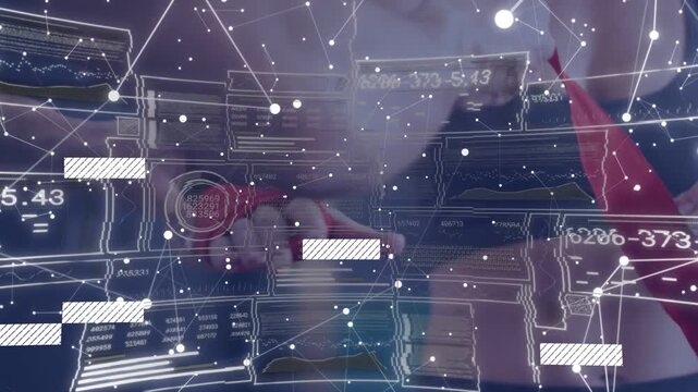 Female-presenting hand reaching, tapping holographic tech overlay, shifting nodes for design review