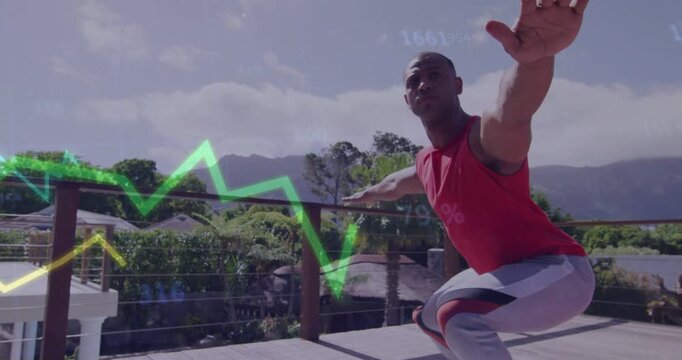 Arriving man doing slow squats on wooden deck with visible railing, wearing red tank, tracking data